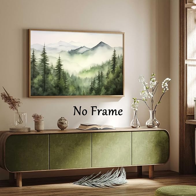 Large Forest Mountain Landscape Wall Art Canvas Print Green Forest Pictures Watercolor Pine Tree Painting Green Mountain National Forest Poster Watercolor Landscape Artwork Decor 16x24inch No Frame