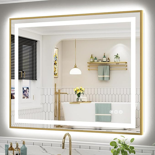 48x40 Inch LED Bathroom Mirror with Gold Frame, Backlit & Front Lit, Anti-Fog Lighted Bathroom Vanity Mirror for Wall, Memory Function, Dimmable, HD Tempered Glass, Shatter-Proof
