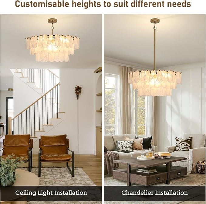 Modern Large Gold Glass Chandeliers, 12-Light Luxury Cloud Pendant Light Fixture, 31.5 inch Round Ceiling Hanging Light Fixture for Living Room Bedroom Dining Room Kitchen Foyer Staircase Offices