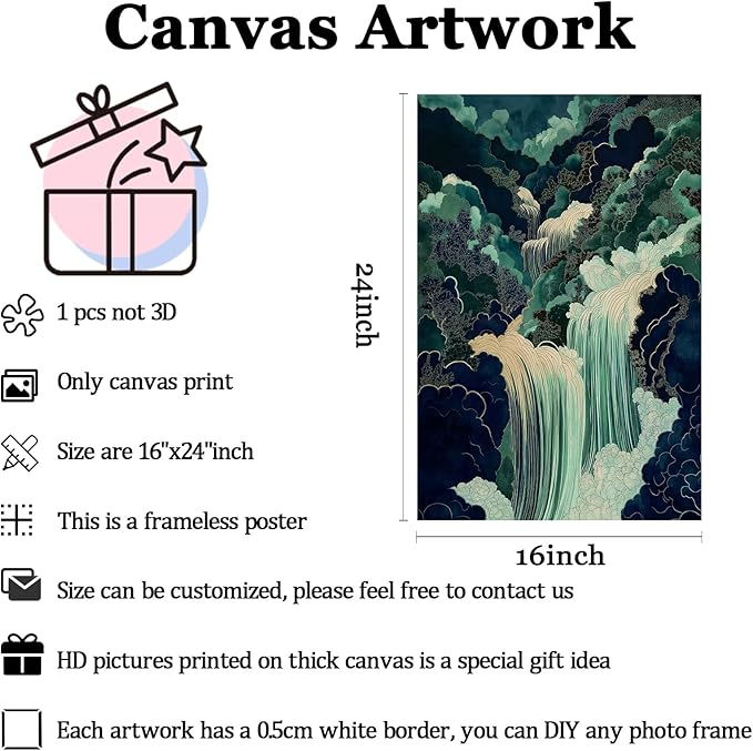 Mountain River Wall Art Japanese Waterfall Painting Abstract Forest Art Poster Blue And Green Abstract Canvas Japanese Style Print Blue And Green Landscape Wall Art Waterfall Artwork 16x24in No Frame