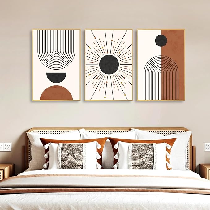 Minimalist Boho Framed Canvas Wall Art Set, Neutral Geometric Line Sun Wall Decor, Mid Century Wall Painting, Abstract Modern Bohemian Art Print for Living Room, Bedroom, Office -24"x36"x3