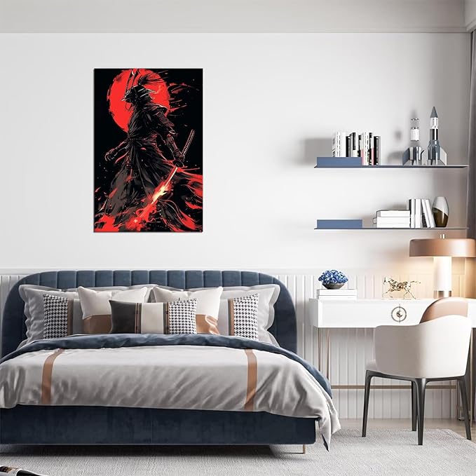 Black and Red Japanese Samurai Wall Art Bushido Pictures Wall Decor Canvas Prints Armored Samurai Painting Poster Artwork Modern Home Decor Framed for Bedroom Living Room Office (12''W x 16''H)