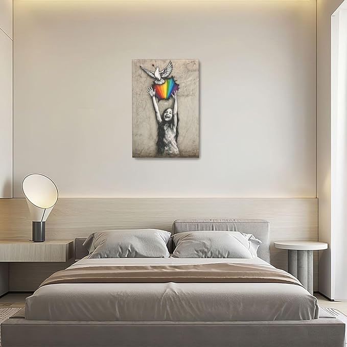 Banksy Street Graffiti Wall Art Rainbow Canvas Wall Decor Love And Peace Pictures Paintings Prints Artwork Framed Modern Decorations For Bedroom Bathroom Office Living Room Gifts 16" x 24"
