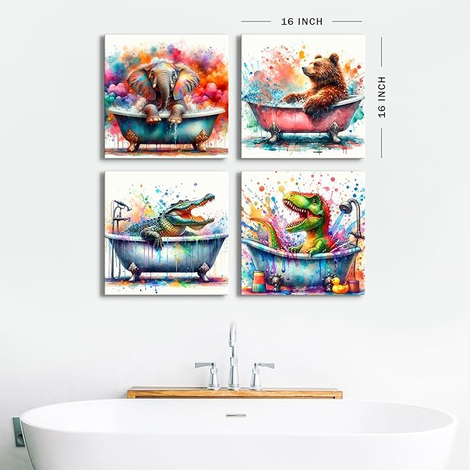 Kids Bathroom Funny Animals Wall Art Watercolor Elephant Dinosaur in Bathtub Pictures Canvas Prints Cute Bear Crocodile Shower Painting Framed Artwork Toddler Nursery Playroom Home Decoration 16x16”4P