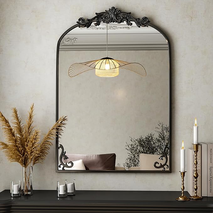 36"x 28" Arched Bathroom Mirror, Wall-Mounted Mirror with Carved Metal Frame & Bottom Art Carved, Vanity Mirror for Home Decor, Hanging Wall Mirror with Baroque Ornate Carved Accents, Vintage Black