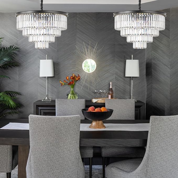 Modern Black Crystal Chandelier,4-Tier Round Pendant Ceiling Fixture with Height Adjustable Luxury Hanging Chandelier for Dining Room,Living Room,Entryway,Bedroom,Kitchen,and Foyer (Black Crystal-4)