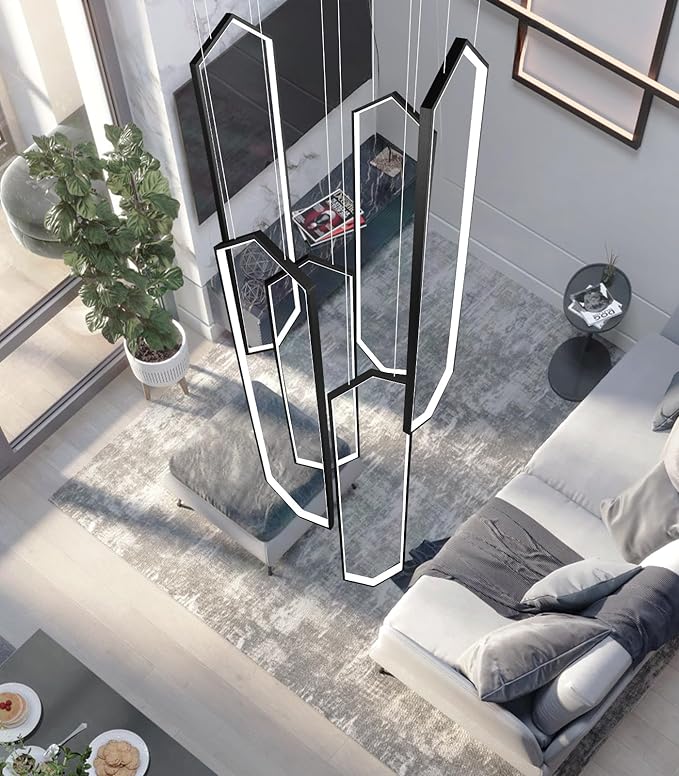 6-Rings Chandelier Modern, Black Large Contemporary LED Light for Living Room Entrance, Dimmable Flush Mount High Ceiling Chandeliers with Remote Control for Villa Foyer