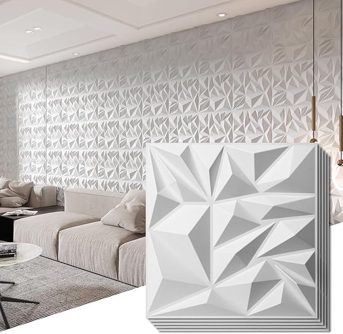 Art3d 50-Pack 3D Wall Panels for Interior Wall Decor, Modern Diamond Textured Accent Wall Paneling for Gaming Living Room TV Wall Background, 12 x 12 inch White