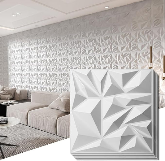 Art3d 50-Pack 3D Wall Panels for Interior Wall Decor, Modern Diamond Textured Accent Wall Paneling for Gaming Living Room TV Wall Background, 12 x 12 inch White