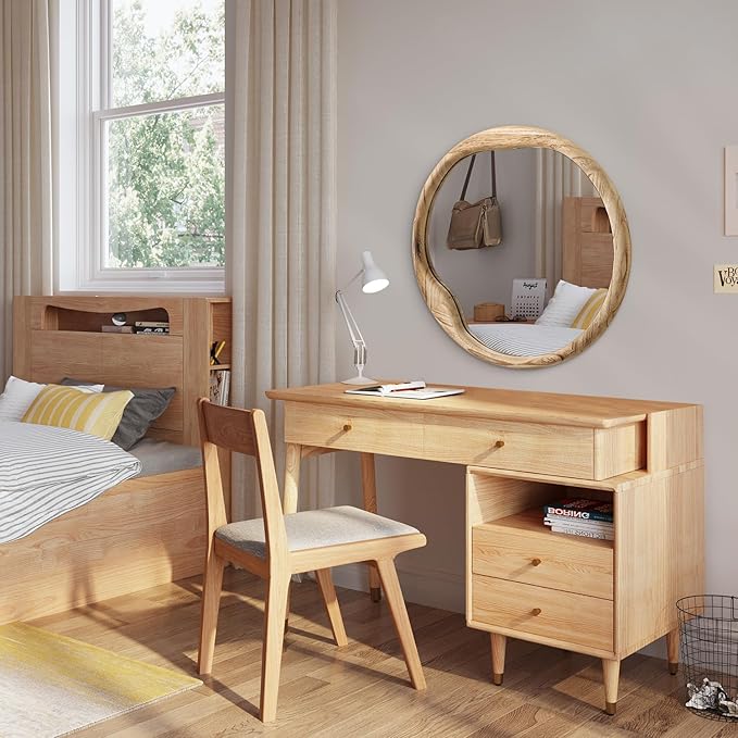 AOAOPQ Bedroom Unique Vanity Mirror Shaped Dressing Mirror 28" Beige Round Drum Wood Mirror for for Wall Entryway Living Room Frame for Home Decor