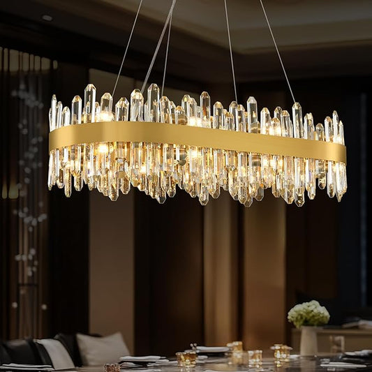 Modern Crystal Chandelier, 16-Lights 2 Tiers Dining Room Chandelier Over Table, 36'' K9 Crystal Gold Rectangular Chandeliers for Kitchen Island Adjustable Long Chandeliers for Living Room