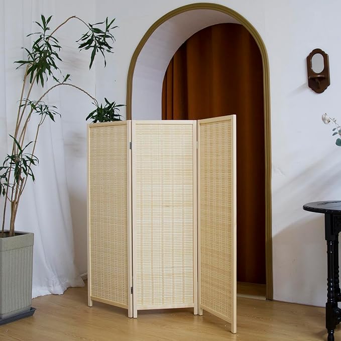 3 Panel Short Panel Divider Screen,3.95 FT Tall Bamboo Room Divider Folding Privacy Screen,Short Panel Divider Freestanding Room Divider for Room Seperation,Beige