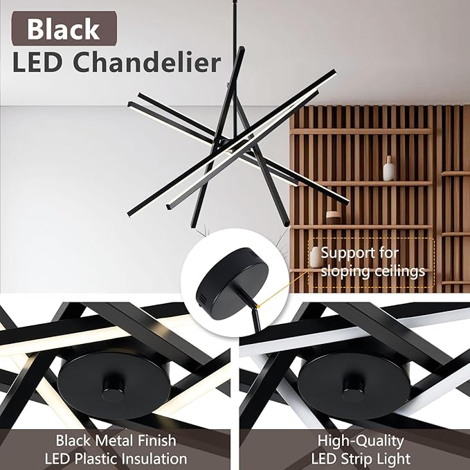 Modern Black Chandelier Light Fixtures - LED 6-Lights Dining Room Linear Chandeliers Sputnik Pendant Lights Fixture Over Table 3000K 4500K 6000K Dimmable for Kitchen Island Living Room