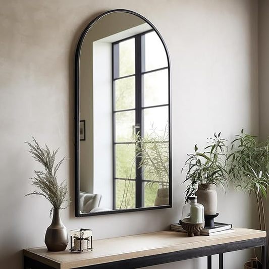 Arched Wall Mounted Mirror, 42"x24", Arch Black Mirror for Bathroom Vanity, Living Room or Bedroom, Entryway, Hallway Wall Mirror, Farmhouse Decorative Mirror for Hanging, Black, Iron Frame