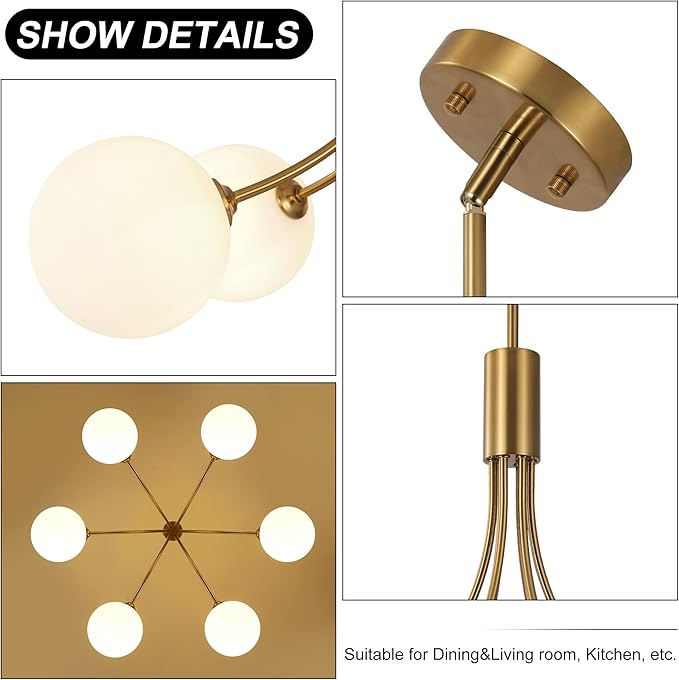 6-Light Modern Farmhouse Gold Chandeliers for Dining Room Light Fixture, Mid Century Hanging Sputnik Chandelier for Living Room Kitchen Island Bedroom Foyer, Milk White Globe Glass Shade