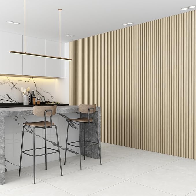 8-Pack WPC Wall Panels 108’’ x 6.1’’ 3D Slat Wall Panel Acoustic Wall Paneling for Interior Wall Decor TV Background Kitchen Bedroom Natural Wood