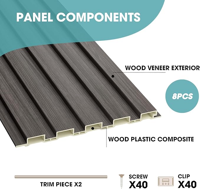 OUZUGIE WPC Acoustic Slat Wall Paneling, 8-Pack 114 x 6 Inches 3D Wall Panels for Interior Wall Decor,Living Room,TV Background,Study Room,Office Spaces,Bedroom,Low Grille (Walnut)