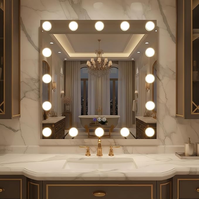 32x32 Hollywood LED Bathroom Mirror with LED Bulbs, Colors Changeable & Brightness Dimmable, Anti-Fog Mirror, Shatter-Proof, Memory, Touch Screen Mirror, Wall Mounted, Horizontal/Vertical