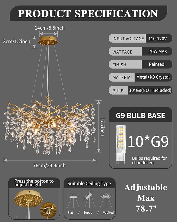 Modern Tree Branch Crystal Chandelier Luxury Gold Crystal Pendant Lighting 30" Contemporary 10-Light Chandeliers for Dining Room Kitchen Bedroom Living Room