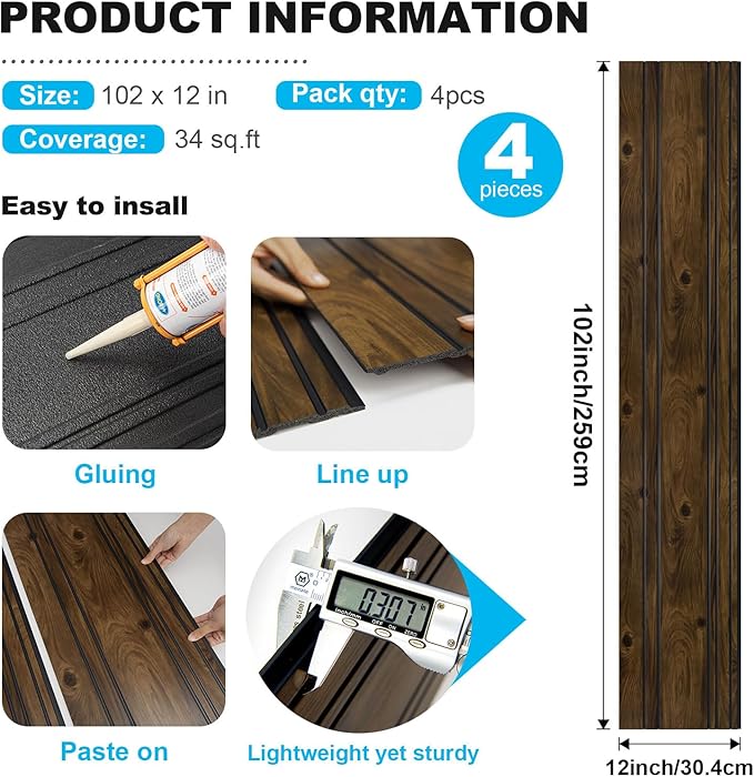 Art3d 4-Pack Glue-On Wall Panels, Wood Grain Texture Interior Wall Decor, 104"x12" Recycled Polystyrene Wainscoting Panels, Low Emission for Living Room Bedroom,Eatrh Walnut