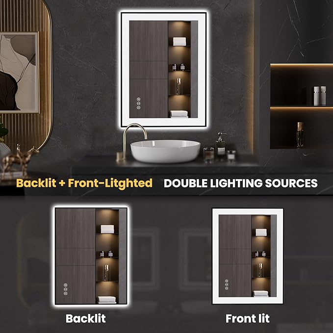 LOAAO 24"X32" LED Bathroom Mirror Black Framed, Anti-Fog, Dimmable, Lighted Bathroom Vanity Mirror for Wall, Memory Function, Tempered Glass