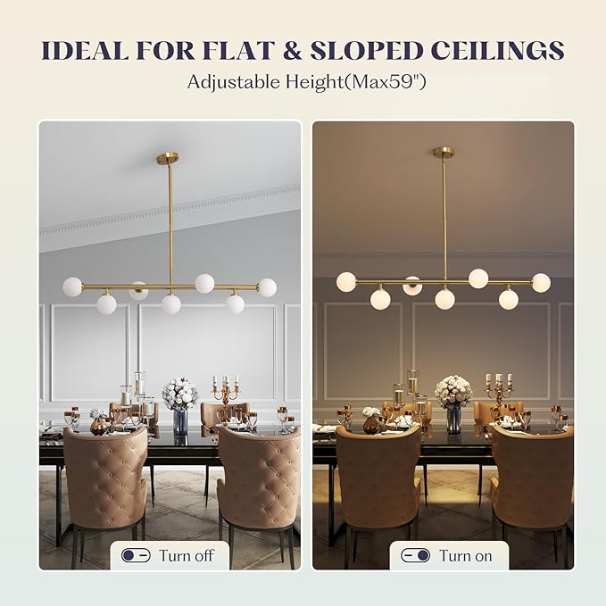 Mid Century Chandelier, Gold Brass Sputnik Pendant Light with White Glass Lampshade,7 Lights Globe Rectangle Linear Chandeliers for Dining Room Kitchen L43.3INxW11.8IN