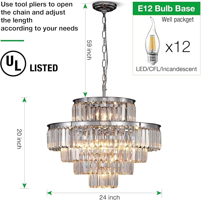 Chrome Modern Style Crystal Chandeliers & LightsRound Hanging Classic, Pendant Ceiling Chandelier Lighting Fixture 5-Tier for Dining Room Living Room(Chrome,24 inch)