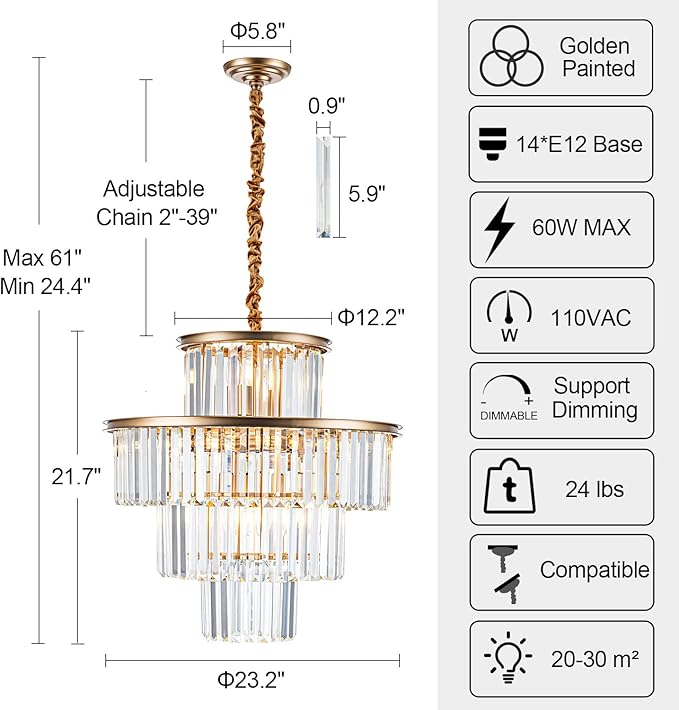 23" 14-Light Modern Crystal Chandelier Light Fixtures 4-Tier Gold Luxury Chandeliers for Dining Room Round Hanging Pendant Lighting for Living Room Kitchen Entryway Bedroom Foyer Hallway