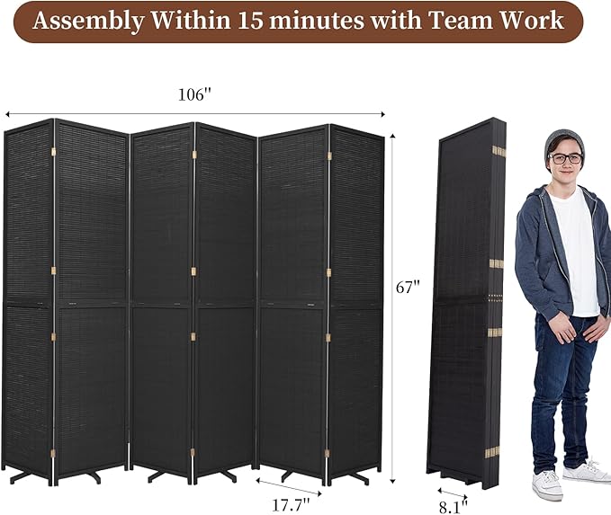 Bamboo Room Divider 6 Panel Wall Divider, 106'' W x 67'' H Folding Design with Extra Stable Base, 100% Bamboo Room Divider Screen for Room Separation, Chinese Room Partitions and Dividers Freestanding