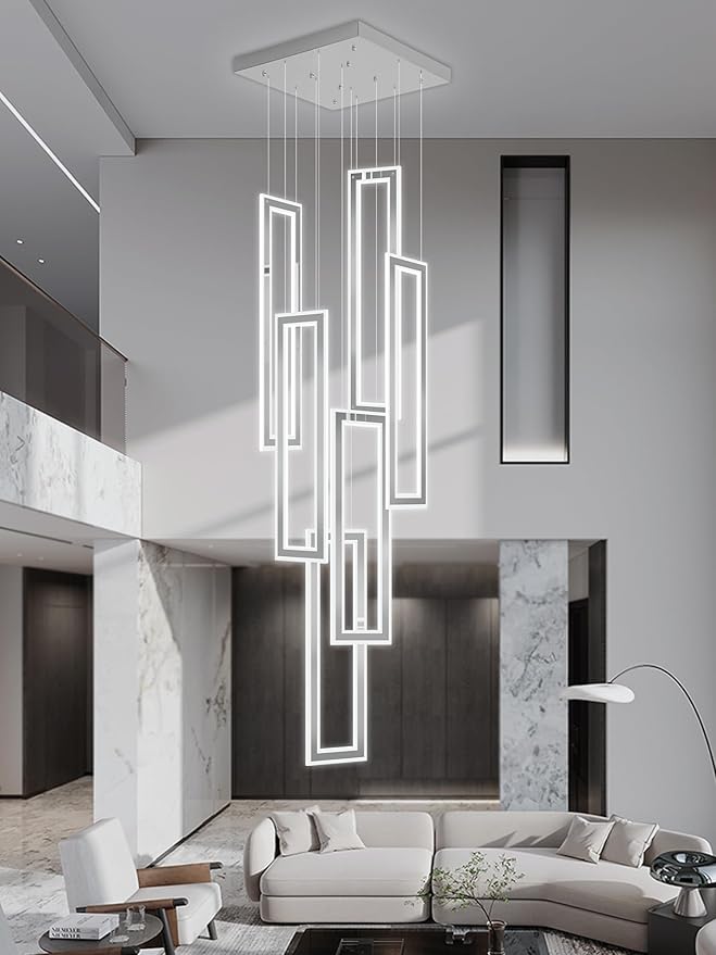 Modern Chandelier, Rectangle Chandeliers with 6 Ring Led Foyer Chandeliers,Larger High Ceiling Chandelier for Living Room,Entryway Staircase LED Dimming 2700k-6000k