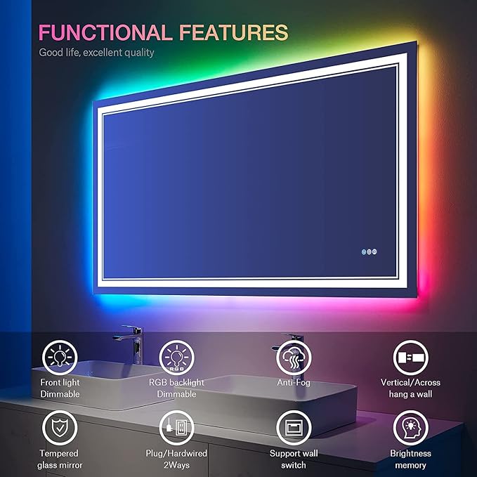 40x32 inch LED Bathroom Mirror with RGB Lights Color Changing Backlit Mirror Shatterproof Dimmable Anti-Fog Lighted Vanity Mirror (RGB Multicolor Backlit + Adjustable Front-Lighted)
