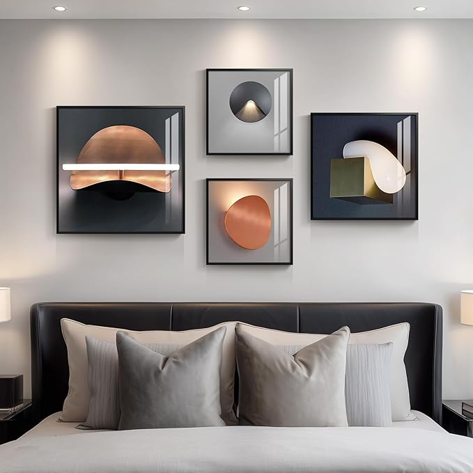 Large Framed Modern Abstract Wall Art for Bedroom, Set of 4 Piece Black Orange and Gray Luxury Bright Style Artworks, Minimalist Geometric Painting Prints Decor for Living Room Dining Room Hallway