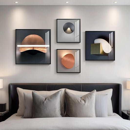 Large Framed Modern Abstract Wall Art for Bedroom, Set of 4 Piece Black Orange and Gray Luxury Bright Style Artworks, Minimalist Geometric Painting Prints Decor for Living Room Dining Room Hallway