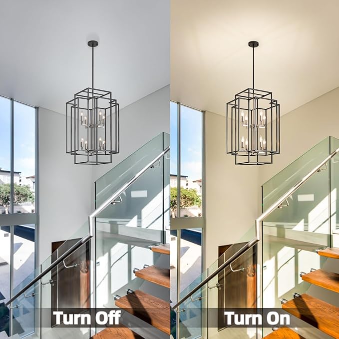 31.5" Farmhouse Chandelier, 8-Light Black & Silver Lantern Pendant Light, Modern Foyer Lighting Fixtures, Entryway Chandeliers for High Ceilings, for Living Room,Staircase,Hallway