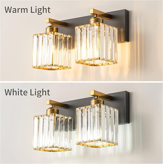Modern Bathroom Vanity Light 2-Lights Black Gold Crystal Bathroom Wall Light Vanity Light Fixtures，12.59-inch Modern Minimalist Design