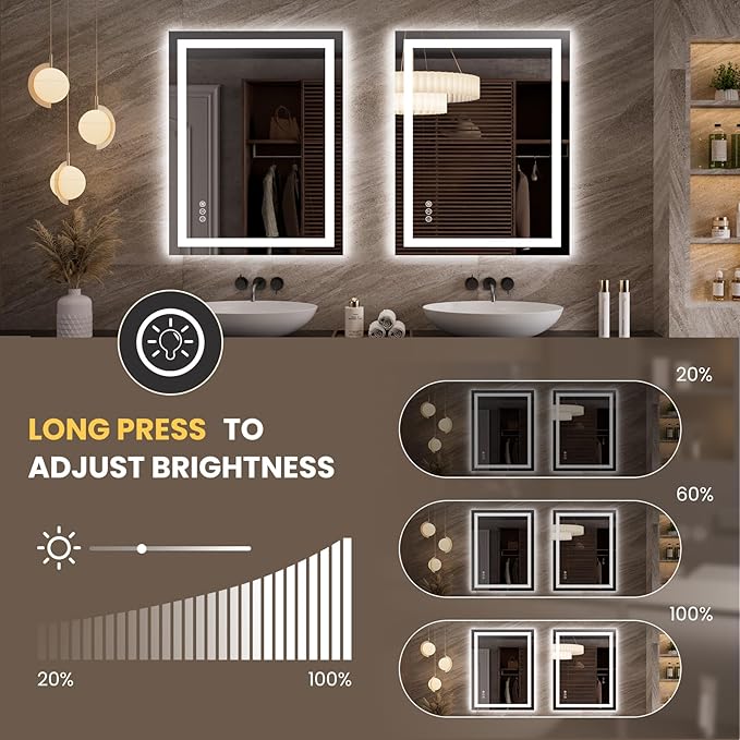 LOAAO 27.6"x35.4" LED Mirror for Bathroom, Lighted Bathroom Mirror with Lights, Anti-Fog, Dimmable, Memory Function, Easy to Install, Clear Reflection