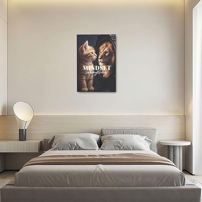 Motivational Lion And Cat Wall Art For Kids Mindset Is Everything Nursery Canvas Wall Decor Inspirational Pictures Paintings Prints Artwork Framed Decorations For Children's Room Bathroom Bedroom Living Room Office Gifts 16" x 24"