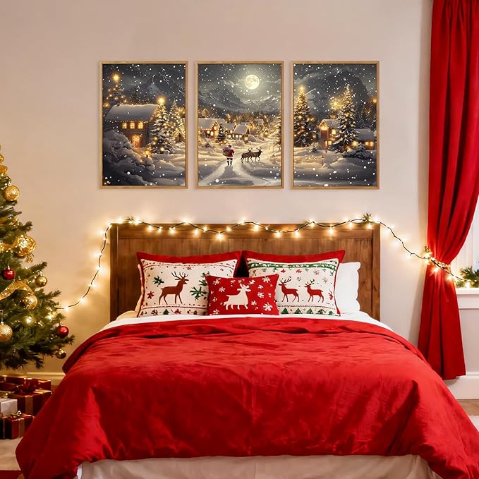 CHDITB Christmas Village Wall Art Set Of 3, Santa Claus and Reindeer Wall Decor, Moonlit Winter Artwork, Xmas Snowy Landscape Painting, Vintage Christmas Decor for Living Room Bedroom Fireplace 16"x24"
