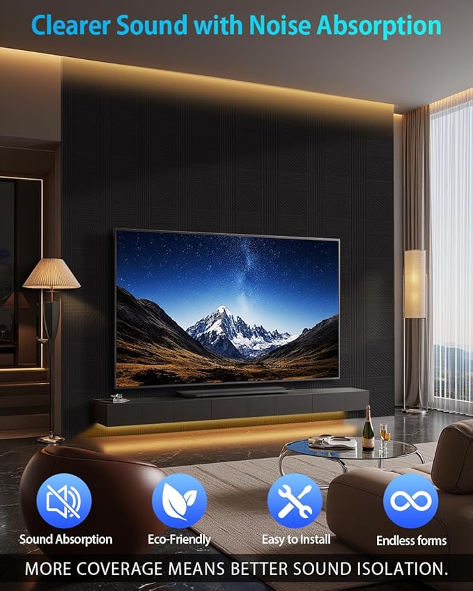 12 Pack Acoustic Wall Panels Self-Adhesive, 12" X 12" X 0.5" Decorative Acoustic Panels, Soundproof Wall Panels for Studio, Home & Living Room, Polyester - Rectangle Black