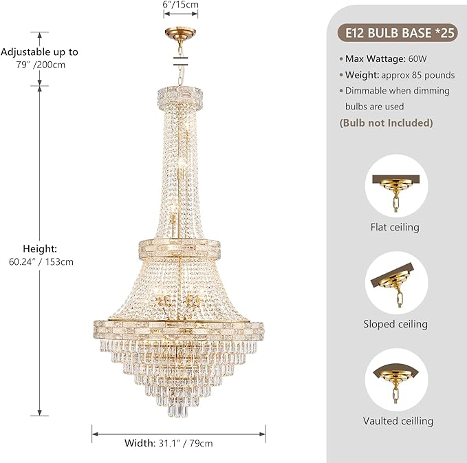 25-Light Gold Crystal Chandelier, 3-Layer High Ceiling Hanging Chandeliers Modern Large Chandeliers Light Fixture for High Ceilings,Entryway,Foyer,Staircase,Hallway,Living Room(H60 x D31)