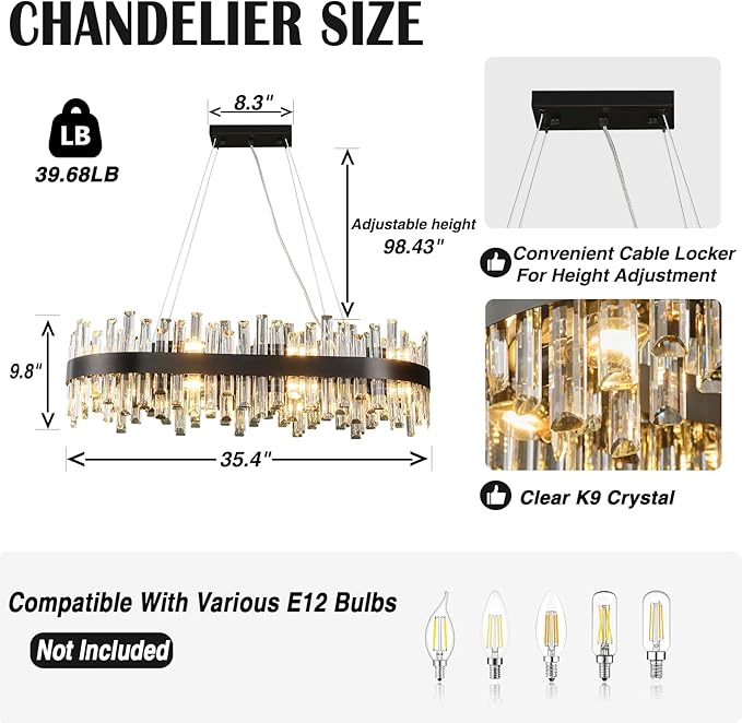 Chandelier for Dining Room, L35.4 Black Rectangle Crystal Chandelier Over Table, Modern 16-Light Large Crystal Chandeliers Ceiling Light, Pendant Light Fixture for Kitchen Island Living Room