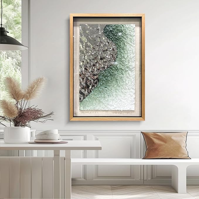 BrightA Embossed Metal Wave Wall Art - Hand-Painted Tissue Paper Gradient (Mist Green) and Silver 3D Wall Art, Contemporary Abstract Metal Sculpture for Living Room 27.5"x 39.4"