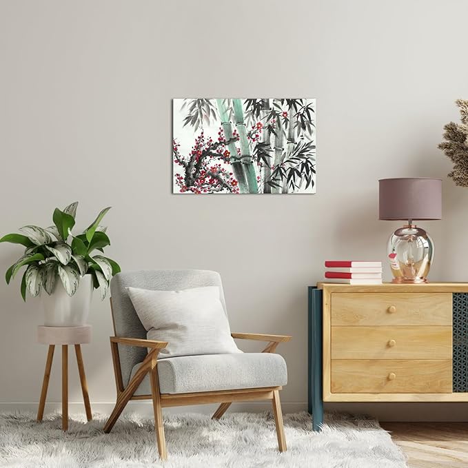 Canvbay Asian Canvas Wall Art Traditional Chinese Ink Style with Bamboo and Red Plum Blossom Painting Pictures Oriental Flower Print Poster Framed for Home Decor Living Room Bedroom 8x12inch