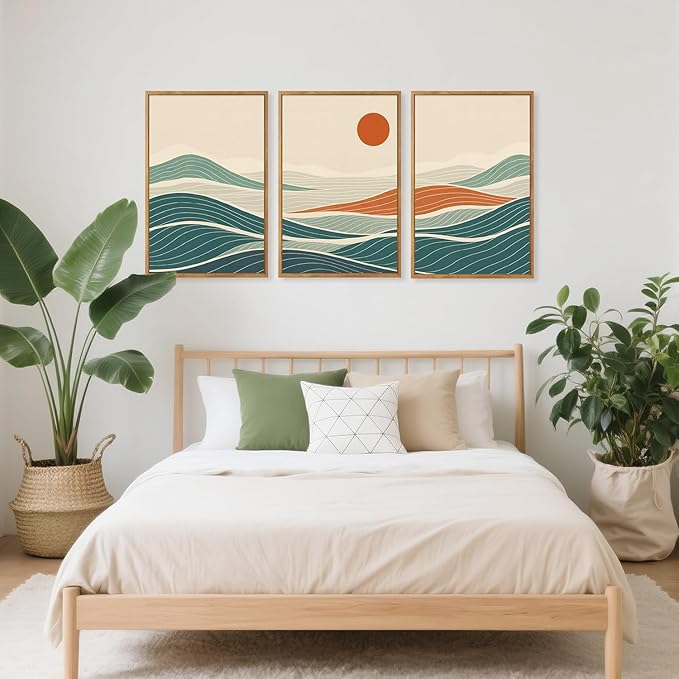 CHDITB Beach Sunrise Framed Canvas Wall Art Set, Ocean Waves Wall Decor, Coastal Artwork Spiritual Painting, Minimalist Modern Coastal Art Prints for Living Room, Bedroom, Office 24"x36"x3