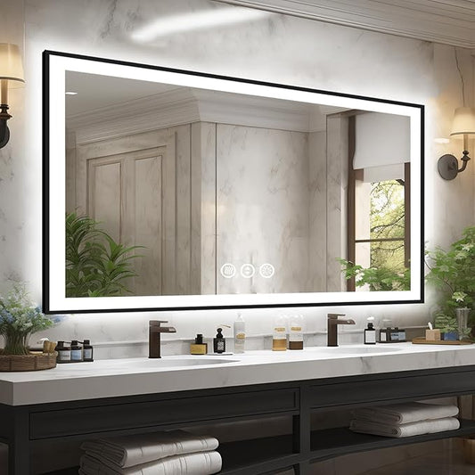 60x36 Lighted Mirrors for Bathroom Wall, Modern Rectangle Matte Black Mirror, Tempered Glass，Double Lights, 3 Colors Dimmable Temperature, IP54 Enhanced Anti-Fog, Memory (Horizontal/Vertical)