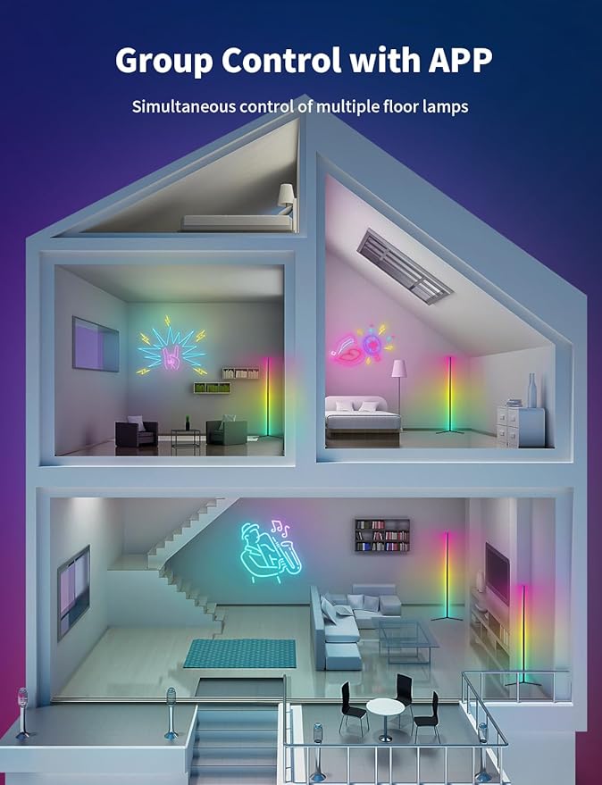 LED RGB Corner Floor Lamp, 159cm RGB-IC Smart Led Light Bar for Living Room, 16 Million Colors, Music Sync and Dimmer Corner Lighting