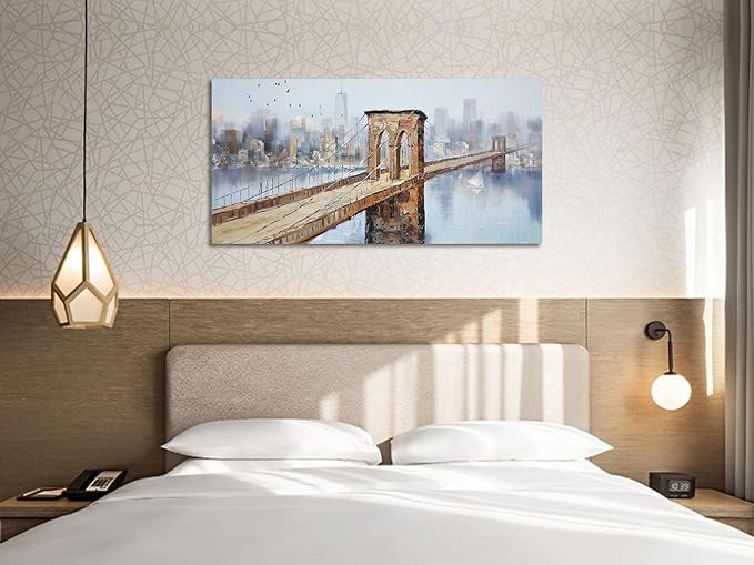 Arjun Brooklyn Bridge Canvas Wall Art New York Skyline City Painting, NYC Picture Textured Artwork Framed for Bedroom Living Room Home Office Wall Decor, Large 40"x20"