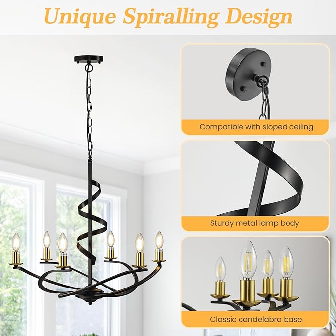 Black and Gold Chandelier, 6-Light Farmhouse Chandeliers for Dining Room, Rustic Kitchen Island Lighting, Modern Chandelier for Living Room, Hanging Pendant Lights for Bedroom, Foyer, Staircase, Entry