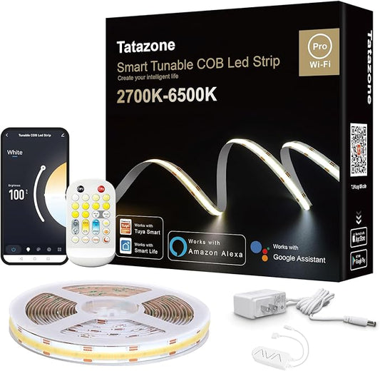 4.92ft Tunable White Smart COB Led Strip Light Kit, CCT 2700K-6500K Bright COB Led Tape Light Compatible with Alexa and Google, Dimmable Indoor COB Led Ribbon for Kitchen Cabinet, Room, TV