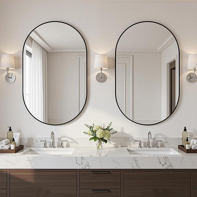 Antok 2PCS Wall Mirror, 24"x36" Bathroom Vanity Mirror, Anti-Rust HD Tempered Glass, Wall Mounted Mirrors for Living Room, Entryway, Hallway, Black Frame, Oval